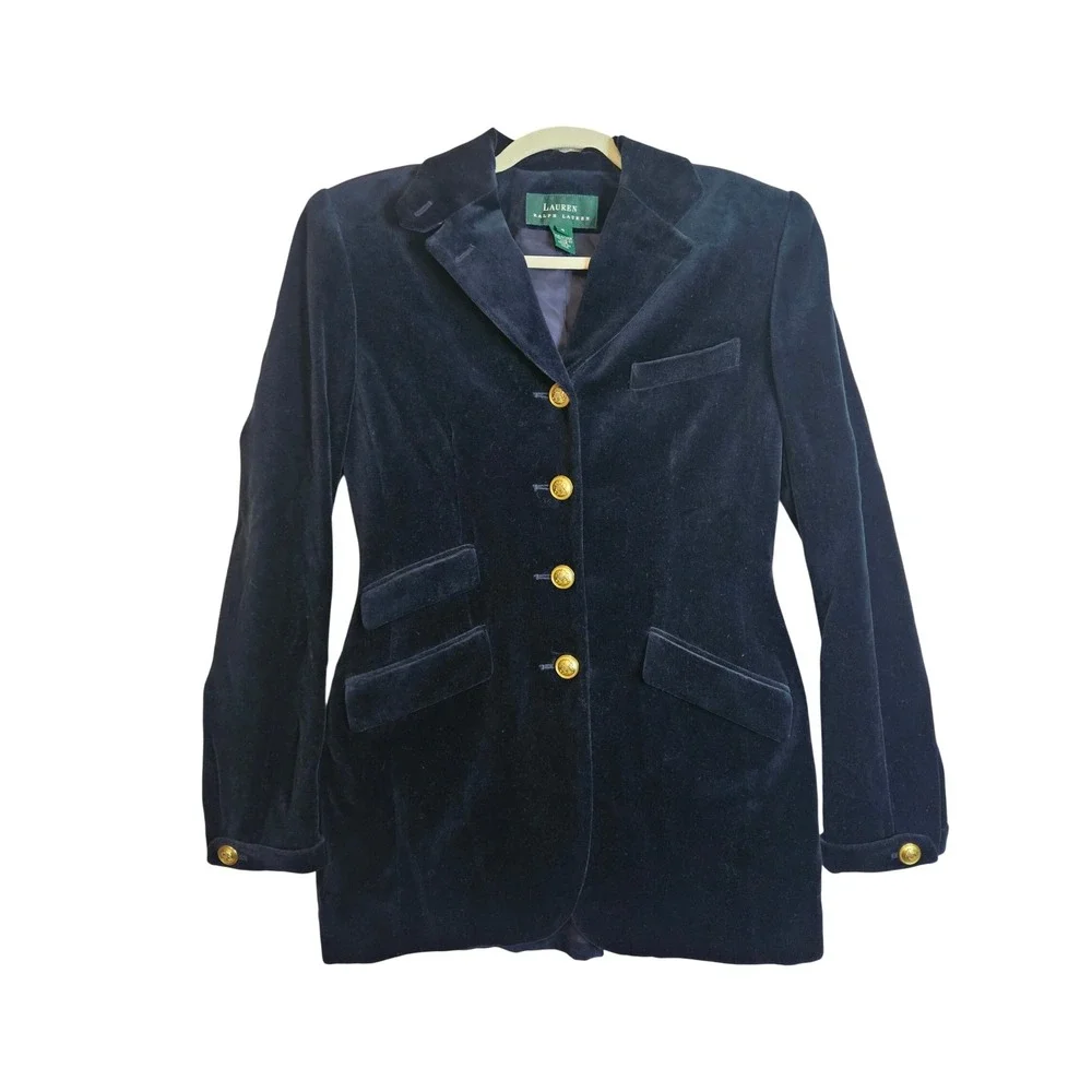 Vtg Lauren Ralph Lauren Sz4 Blue Velvet Blazer Gold Button Old Money Flawed #512 - Picture 8 of 12